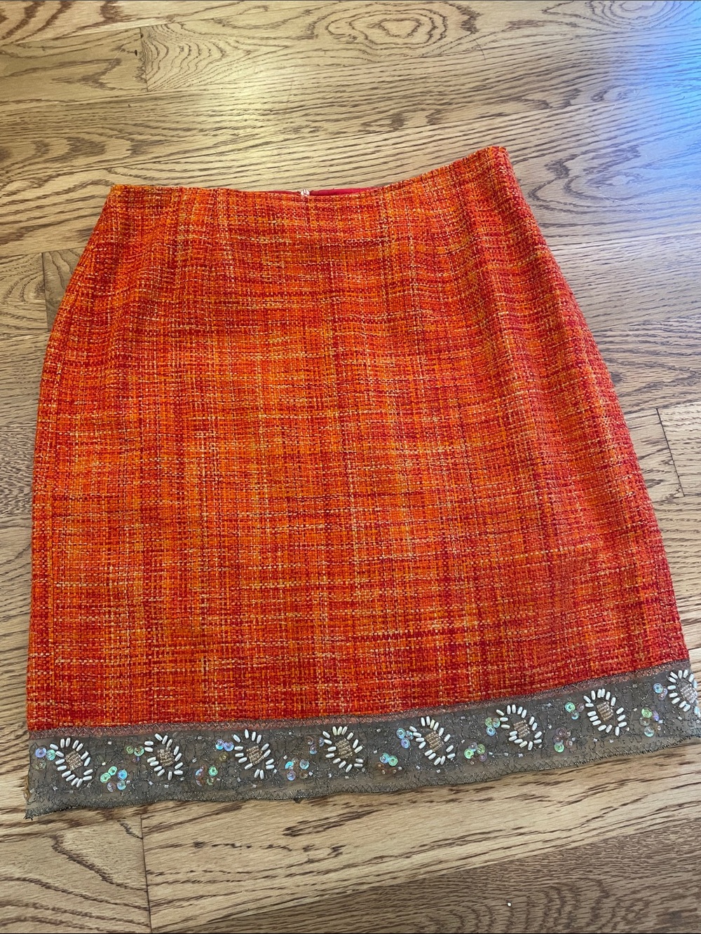 Josephine Chaus Orange Red Tweed Mini Skirt with Embellished Hem